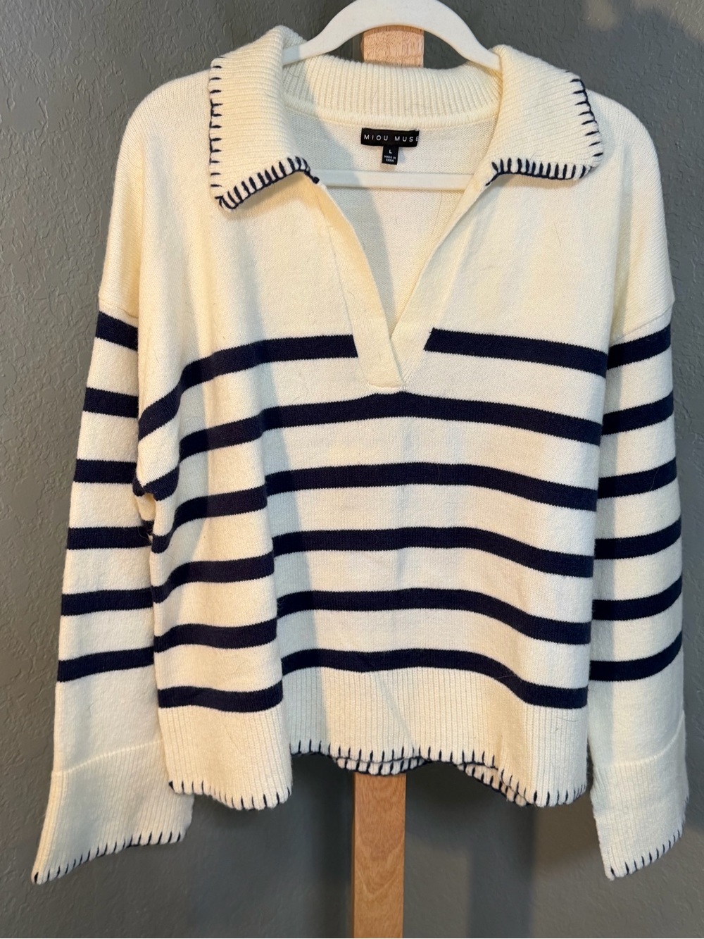 Women’s Miou Miou Cream and Navy Stripe V-Neck Sweater